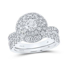 Radiant Love: 14kt White Gold Round Diamond Halo Bridal Wedding Ring Band Set - Top View