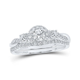 Radiant Elegance: 14kt White Gold Round Diamond Halo Bridal Wedding Ring Band Set 3/4 Cttw - Top View