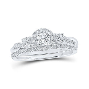 Wedding Collection | 14kt White Gold Round Diamond Halo Bridal Wedding Ring Band Set 3/4 Cttw | Splendid Jewellery GND