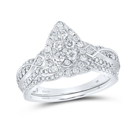 Sparkling Love: 14kt White Gold Diamond Cluster Bridal Wedding Ring Band Set - Top View