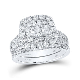 Eternal Brilliance: 14kt White Gold Diamond Square Halo Bridal Wedding Ring Band Set - Top View
