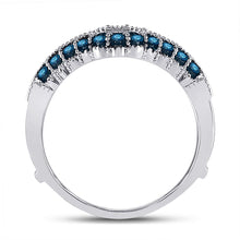 Load image into Gallery viewer, Blue Diamond Elegance: 14kt White Gold Womens Round Blue Color Enhanced Diamond Wrap Enhancer Wedding Band 1/3 Cttw - Side View