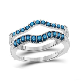 Blue Diamond Elegance: 14kt White Gold Womens Round Blue Color Enhanced Diamond Wrap Enhancer Wedding Band 1/3 Cttw - Top View