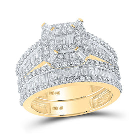 Radiant Brilliance: 14kt Yellow Gold Baguette Diamond Square Bridal Wedding Ring Band Set - Top View