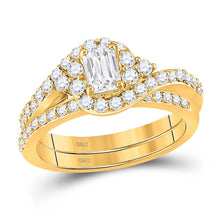 Load image into Gallery viewer, 14kt Golden Glow Emerald Diamond Bridal Wedding Ring Band Set - Top View