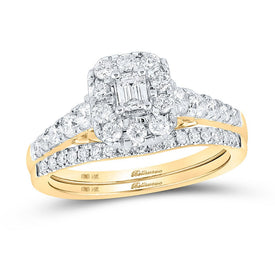 Radiant Love: 14kt Yellow Gold Emerald Diamond Halo Bridal Wedding Ring Band Set - Top View