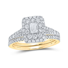 Load image into Gallery viewer, Radiant Love: 14kt Yellow Gold Emerald Diamond Halo Bridal Wedding Ring Band Set - Top View