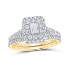 Radiant Love: 14kt Yellow Gold Emerald Diamond Halo Bridal Wedding Ring Band Set - Top View