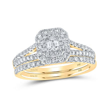 Load image into Gallery viewer, Radiant Love: 14kt Yellow Gold Emerald Diamond Halo Bridal Wedding Ring Band Set - Top View