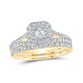 Radiant Love: 14kt Yellow Gold Emerald Diamond Halo Bridal Wedding Ring Band Set - Top View