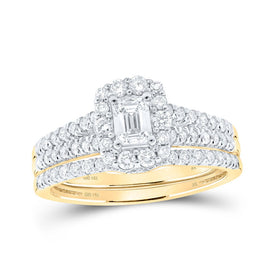 Enchanting Emerald Diamond Halo Wedding Ring Set in 14kt Yellow Gold - Top View