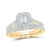 Load image into Gallery viewer, 14kt Golden Splendor Emerald Diamond Halo Bridal Wedding Ring Band Set - Top View