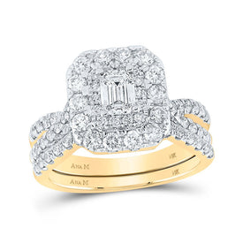 14kt Yellow Gold Emerald Diamond Halo Bridal Wedding Ring Band Set 2 Cttw - Top View