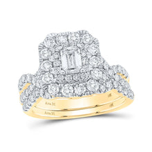 Load image into Gallery viewer, 14kt Yellow Gold Emerald Diamond Halo Bridal Wedding Ring Band Set - Regal Elegance - Top View
