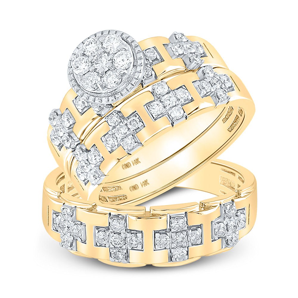 Wedding Collection | 14kt Yellow Gold His Hers Round Diamond Cluster Matching Wedding Set 1 Cttw | Splendid Jewellery GND