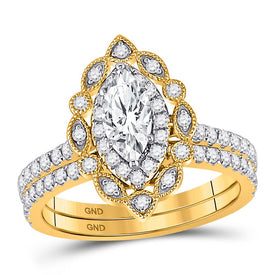 Radiant Elegance: 14kt Yellow Gold Marquise Diamond Bridal Wedding Ring Band Set - Top View