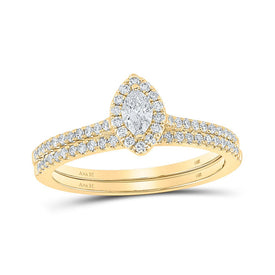 Radiant Love 14kt Yellow Gold Marquise Diamond Halo Bridal Wedding Ring Band Set - Top View
