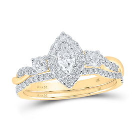 Captivating Radiance: 14kt Yellow Gold Marquise Diamond Halo Bridal Wedding Ring Band Set - Top View