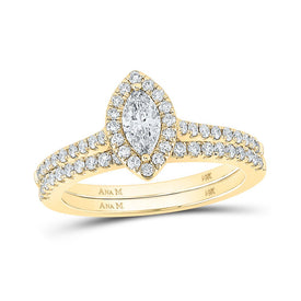 Captivating Love's Embrace 14kt Yellow Gold Marquise Diamond Halo Bridal Wedding Ring Band Set - Top View