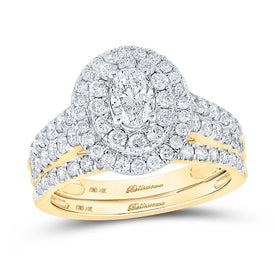Radiant Elegance: 14kt Yellow Gold Oval Diamond Halo Bridal Wedding Ring Band Set - Top View
