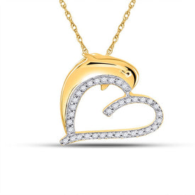 Whimsical Love: 10kt Yellow Gold Diamond Dolphin Heart Pendant - Splendid Jewellery