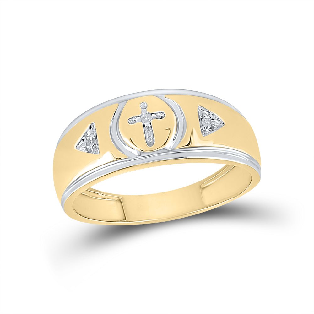Yellow tone Sterling Round Diamond Men's Cross Wedding Band Ring 1/20 Cttw - Splendid Jewellery