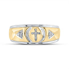 Yellow tone Sterling Round Diamond Men's Cross Wedding Band Ring 1/20 Cttw - Splendid Jewellery