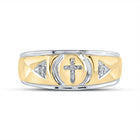 Yellow tone Sterling Round Diamond Men's Cross Wedding Band Ring 1/20 Cttw - Splendid Jewellery