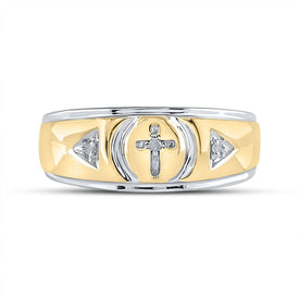 Yellow tone Sterling Round Diamond Men's Cross Wedding Band Ring 1/20 Cttw - Splendid Jewellery