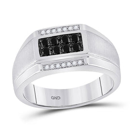 10kt White Gold Men's Black Diamond Rectangle Cluster Ring - Striking Elegance Enhanced - Splendid Jewellery