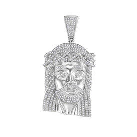 10kt White Gold Men's Round Diamond Jesus Face Charm Pendant - Stunning Symbol of Faith and Style - Splendid Jewellery