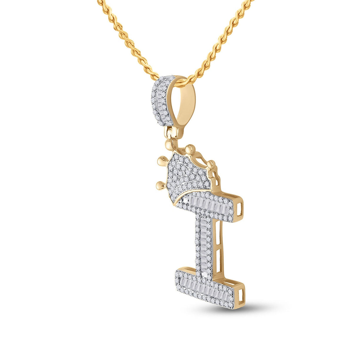 10kt Yellow Gold Mens Baguette Diamond Crown I Letter Charm Pendant - Splendid Jewellery