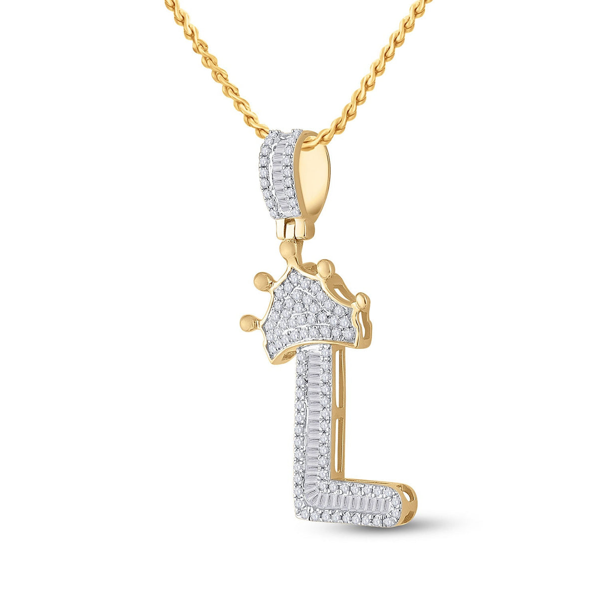 10kt Yellow Gold Men's Baguette Diamond Crown L Letter Charm Pendant 1/2 Cttw - Splendid Jewellery