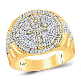 10kt Yellow Gold Men's Diamond Ankh Cross Cluster Ring - A Symbol of Elegance and Style - Splendid Jewellery