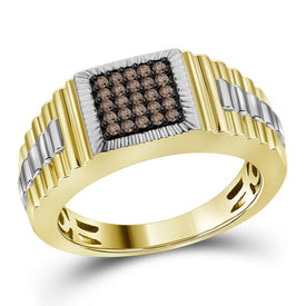 10kt Yellow Gold Mens Ribbed Cluster Diamond Ring - Striking Brown Brilliance - Splendid Jewellery
