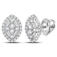 Load image into Gallery viewer, 14kt White Gold Diamond Cluster Earrings: A Dazzling Fusion of Round and Baguette Diamonds - Splendid Jewellery