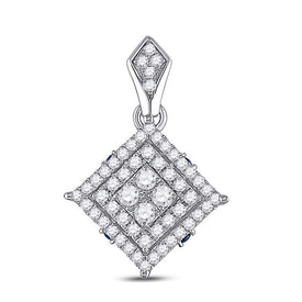 14kt White Gold Diamond Cluster Pendant with Offset Square Design and Blue Sapphire Accent - Exquisite Elegance - Splendid Jewellery