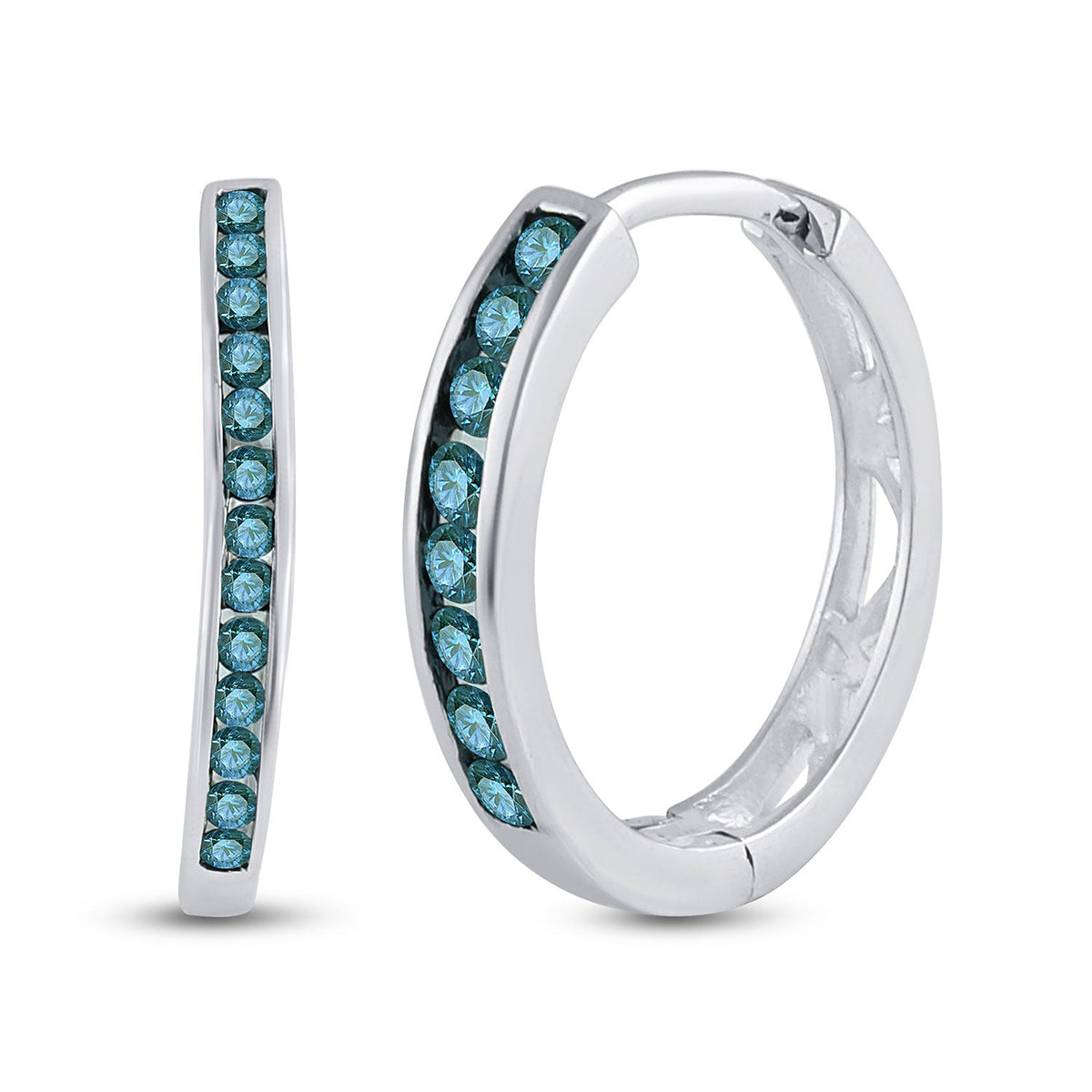Blue Diamond Brilliance: 10kt White Gold Womens Round Blue Color Enhanced Diamond Hoop Earrings 1/4 Cttw - Splendid Jewellery