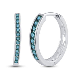 Blue Diamond Brilliance: 10kt White Gold Womens Round Blue Color Enhanced Diamond Hoop Earrings 1/4 Cttw - Splendid Jewellery