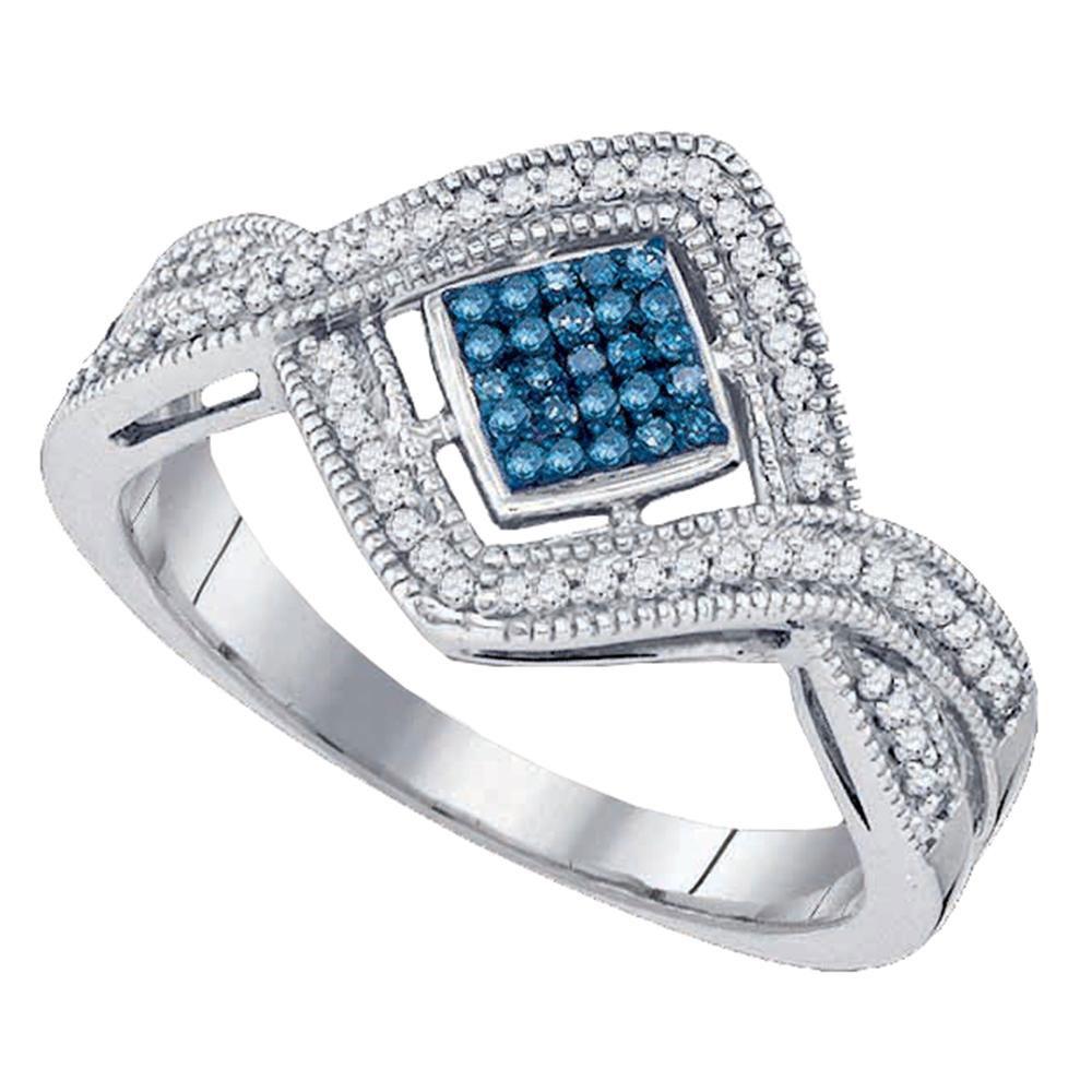 Blue Diamond Square Frame Cluster Ring | 10kt White Gold Womens Round Blue Color Enhanced Diamond Square Frame Cluster Ring 1/6 Cttw - Splendid Jewellery