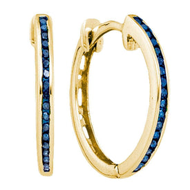 Blue Sparkle: 10kt Yellow Gold Womens Round Blue Color Enhanced Diamond Hoop Earrings - Splendid Jewellery