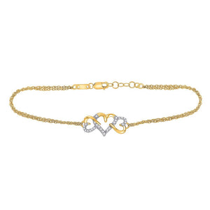Bracelets | 10kt Yellow Gold Womens Round Diamond Triple Heart Chain Bracelet 1/10 Cttw | Splendid Jewellery GND