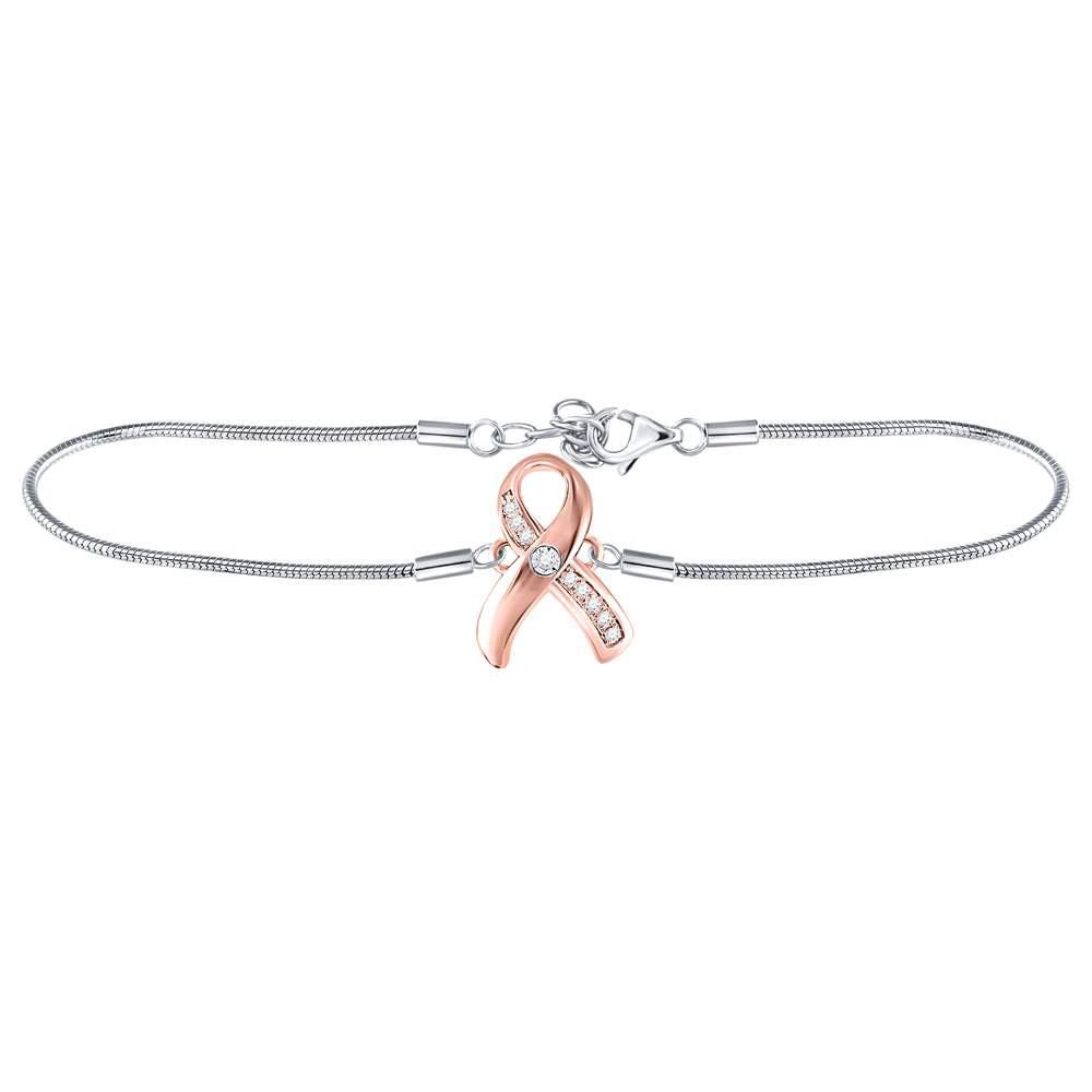 Bracelets | Sterling Silver Womens Round Diamond Pink Awareness Ribbon Fashion Bracelet 1/20 Cttw | Splendid Jewellery GND