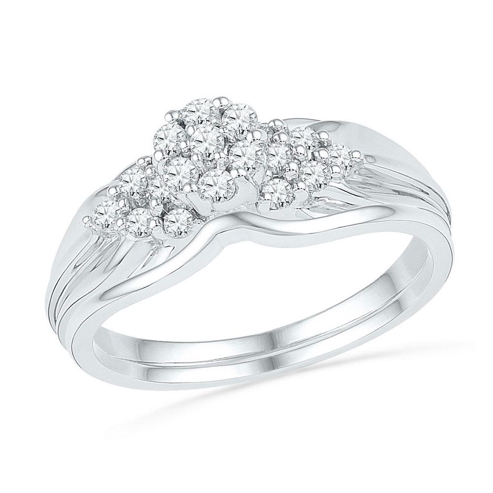 Captivating Cluster Brilliance 10k White Gold Diamond Wedding Ring Set - Splendid Jewellery