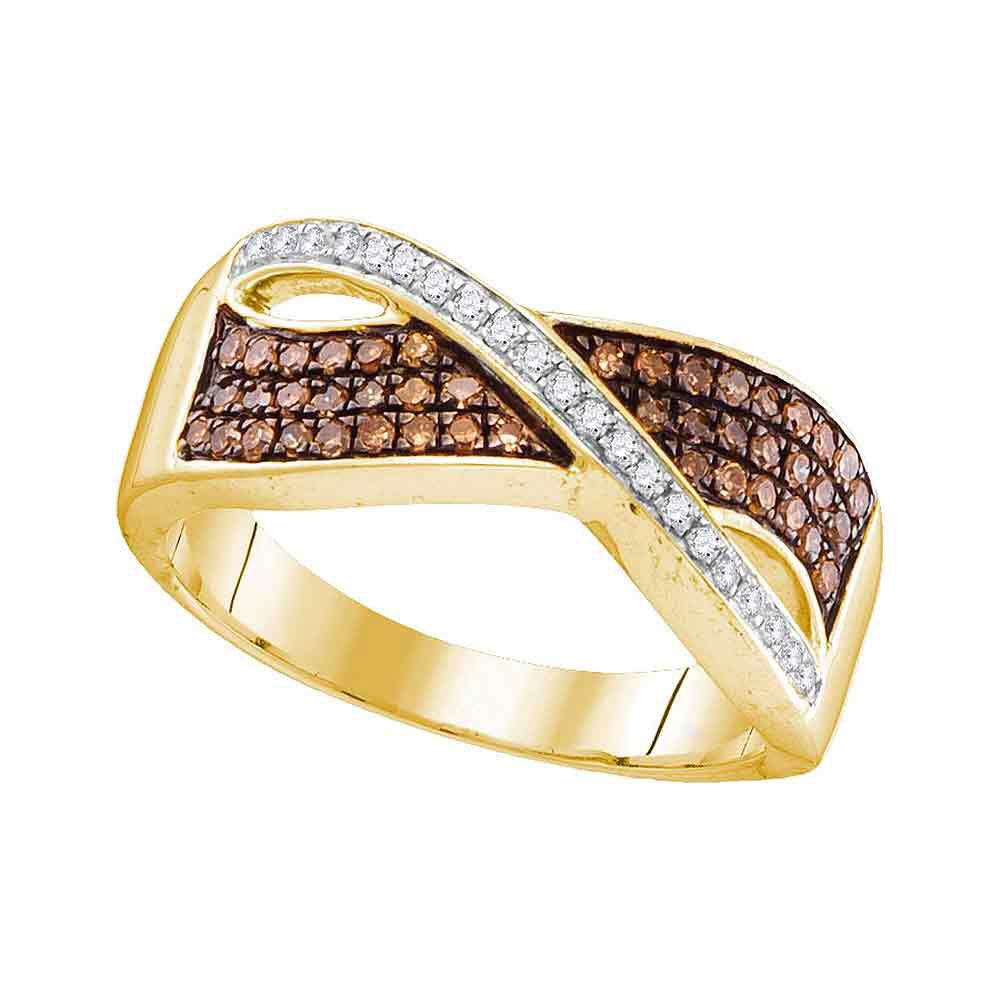 Captivating Crossover Brilliance: 10kt Yellow Gold Womens Round Brown Diamond Band Ring 1/3 Cttw - Splendid Jewellery