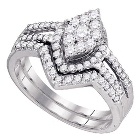 Captivating Love's Embrace 10kt White Gold Oval Diamond Cluster Bridal Wedding Ring Band Set 3/4 Cttw - Splendid Jewellery