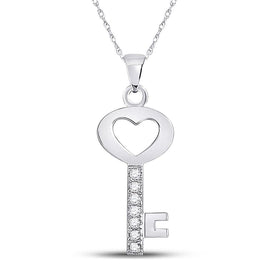 Captivating Love's Key Pendant | 10kt White Gold Womens Round Diamond Key Heart Pendant 1/20 Cttw - Splendid Jewellery