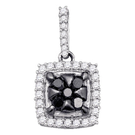 Captivating Noir Cluster Pendant | 10kt White Gold Womens Round Black Color Enhanced Diamond Square Cluster Pendant 1/2 Cttw - Splendid Jewellery