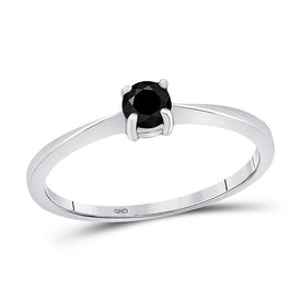 Captivating Noir Elegance: 10kt White Gold Round Black Color Enhanced Diamond Solitaire Bridal Wedding Ring 1/4 Cttw - Splendid Jewellery