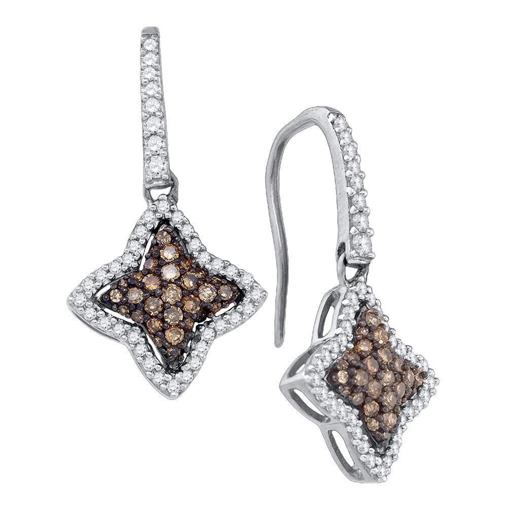 Celestial Sparkle: 10kt White Gold Womens Round Brown Diamond Star Dangle Earrings - Splendid Jewellery